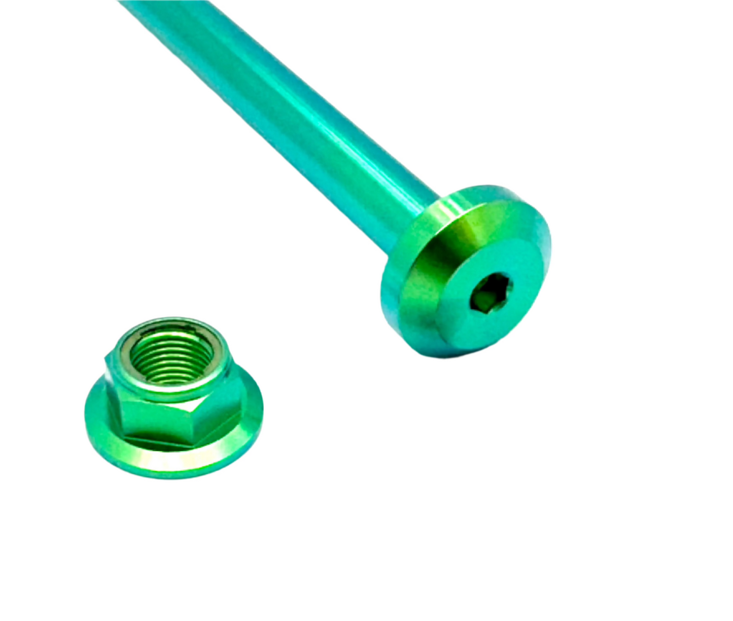 Custom green anodized titanium Surron jackshaft bolts with a hex metal locking flange style nut.