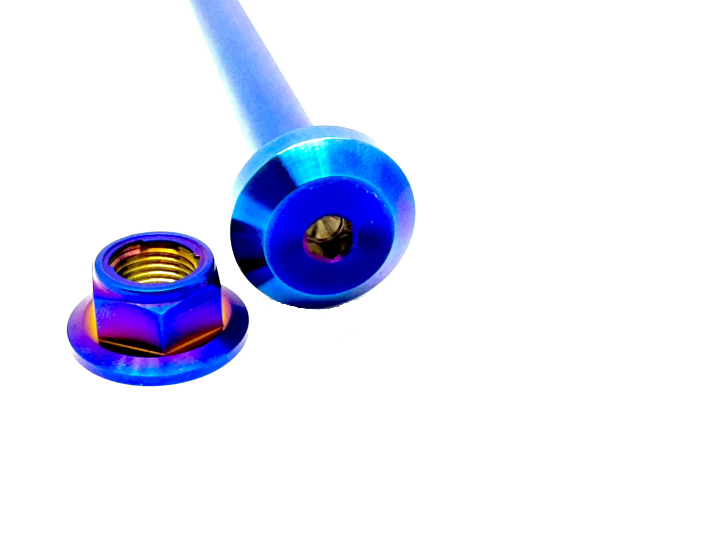 Custom burnt blue anodized titanium Surron jackshaft bolts with a hex metal locking flange style nut.