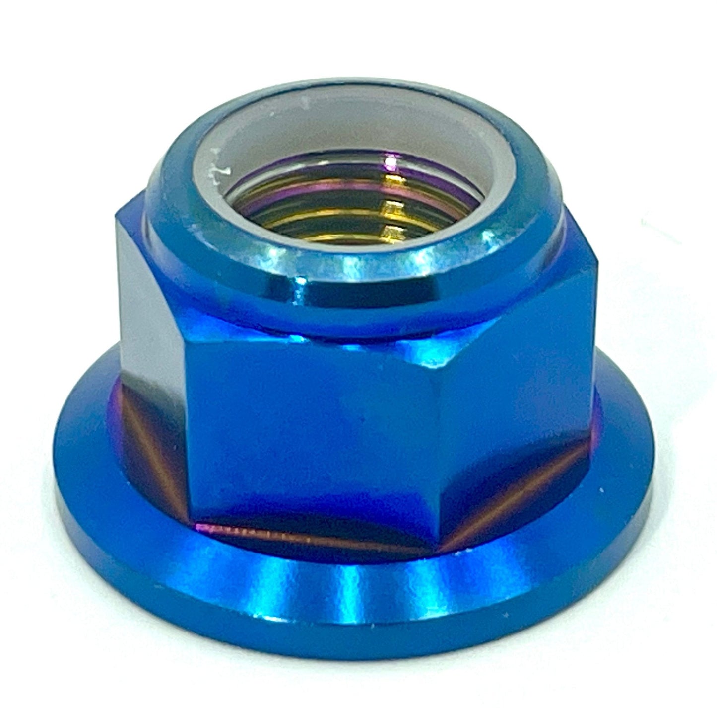 Anodized titanium lock nuts (nylock) M12x1.25 with a 26mm flange in burnt blue color. Fits the motor for Surron style bikes.