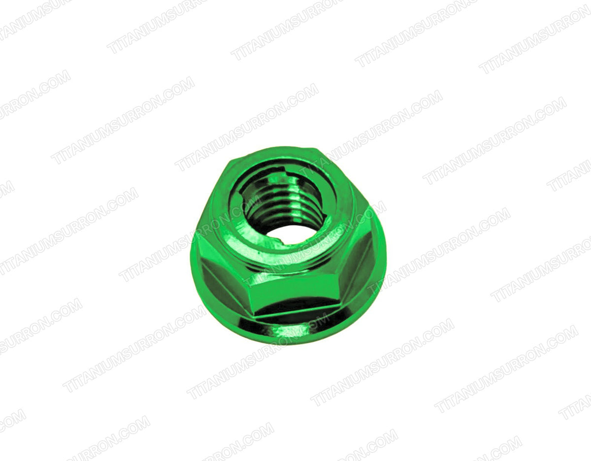 Green titanium M6 DIN 6923 flange nut, Grade 5