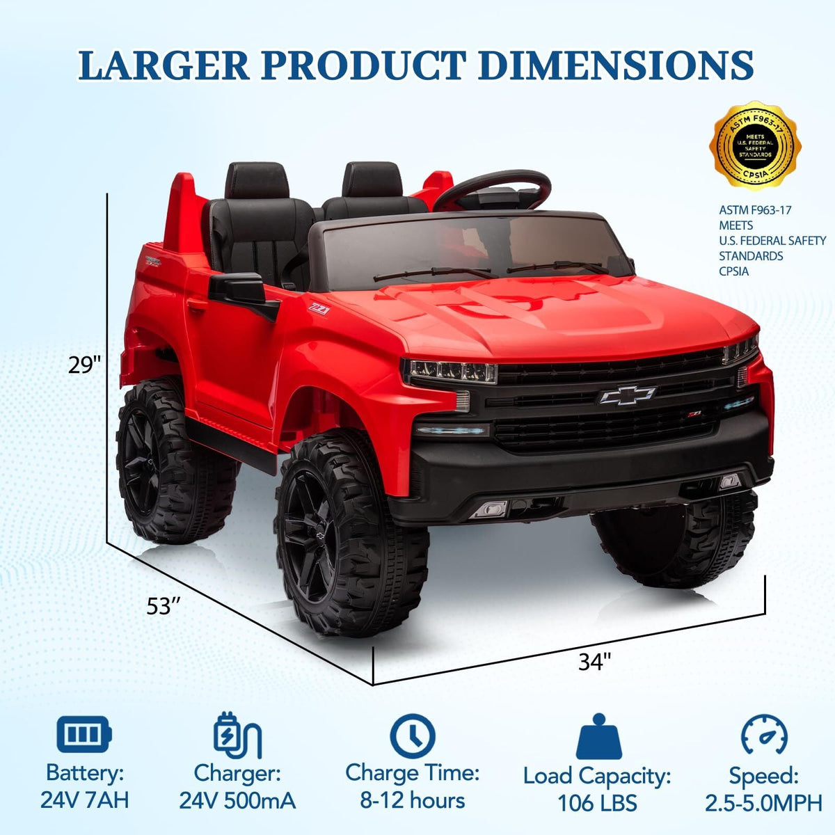 24V 2-Seater Ride-On Truck with 3 Speeds, Music, and LED Lights - Licensed Chevrolet Silverado