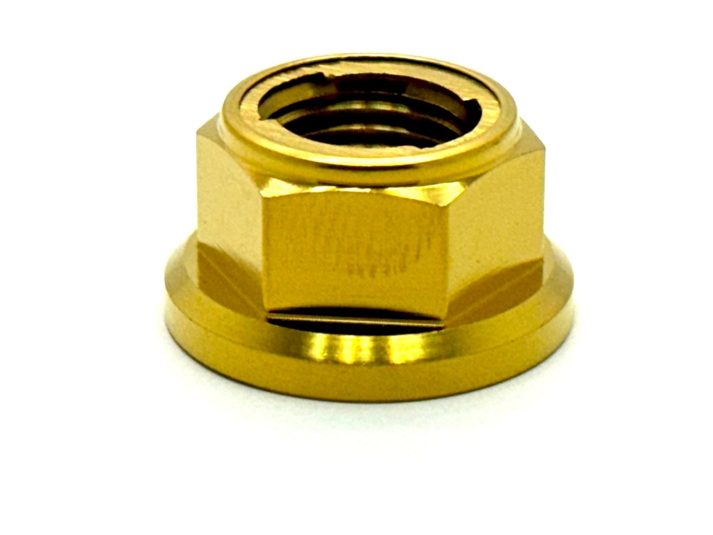 Anodized titanium lock nut (metal tab) M12x1.25 in gold. Fits the Surron, Talaria, 79 Bike, Rerode, E-Ride Pro style bikes.
