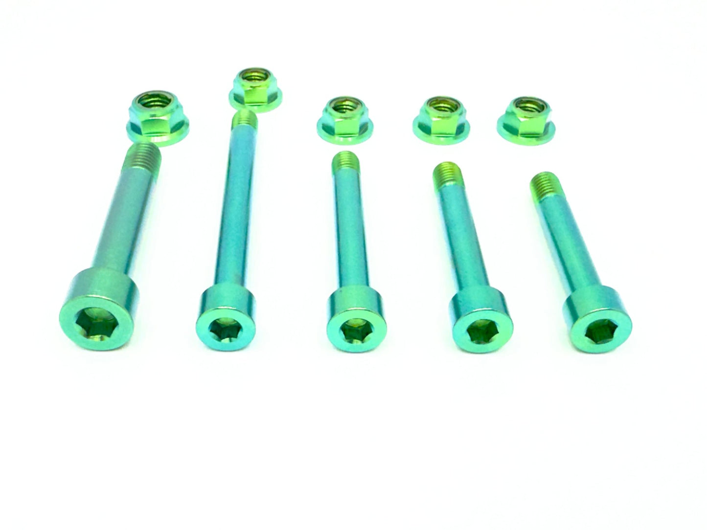 10 piece custom rear shock and suspension titanium hardware linkage kit in green.