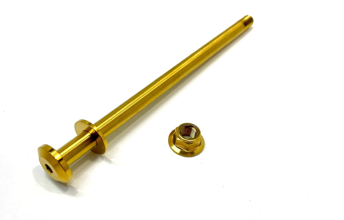 Custom gold anodized titanium Surron jackshaft bolts with a hex metal locking flange style nut.