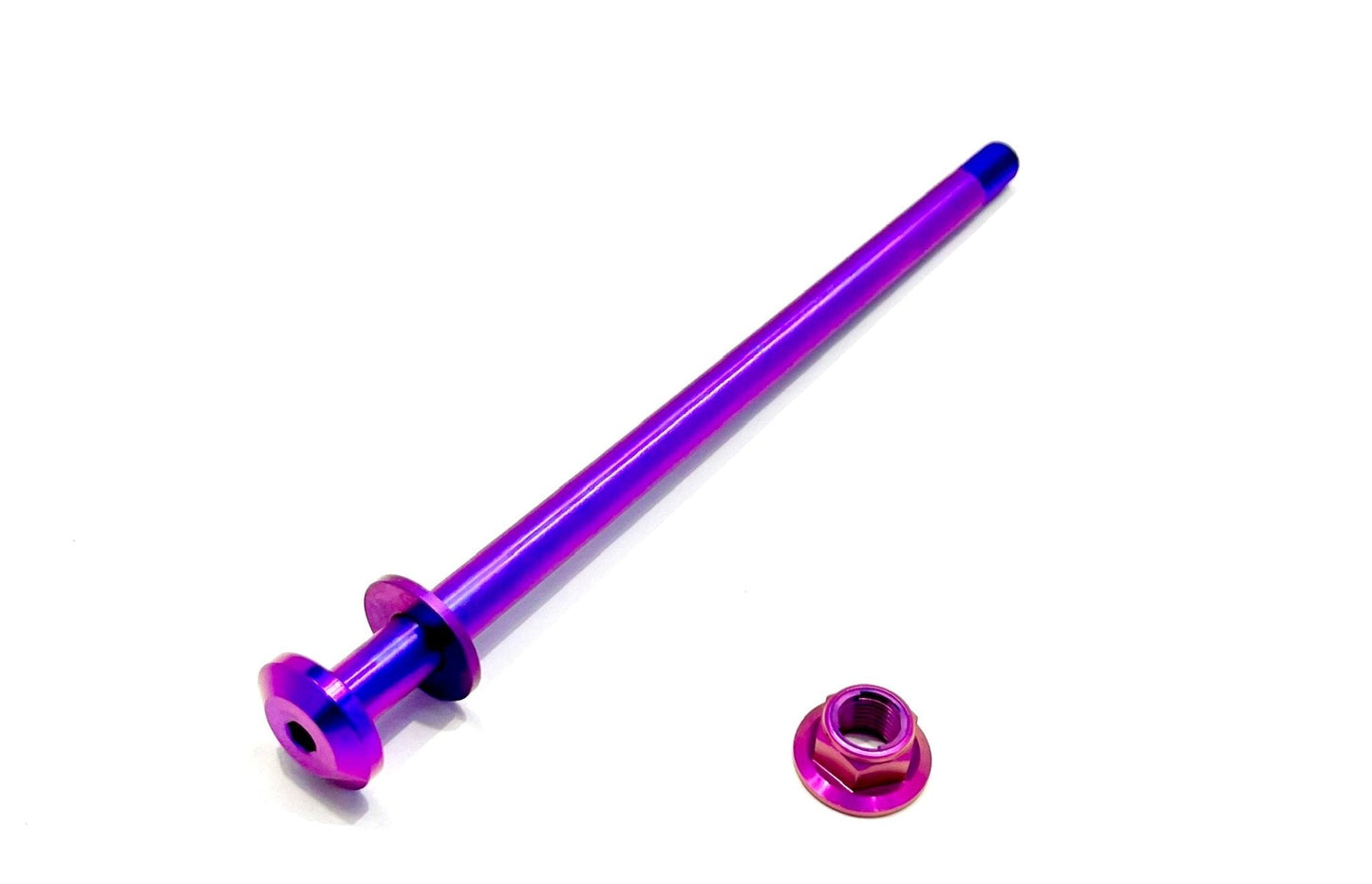 Custom purple anodized titanium Surron jackshaft bolts with a hex metal locking flange style nut.