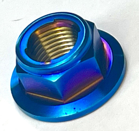 Custom anodized titanium burnt blue flange nut for Surron jackshaft bolt. M10x1.0