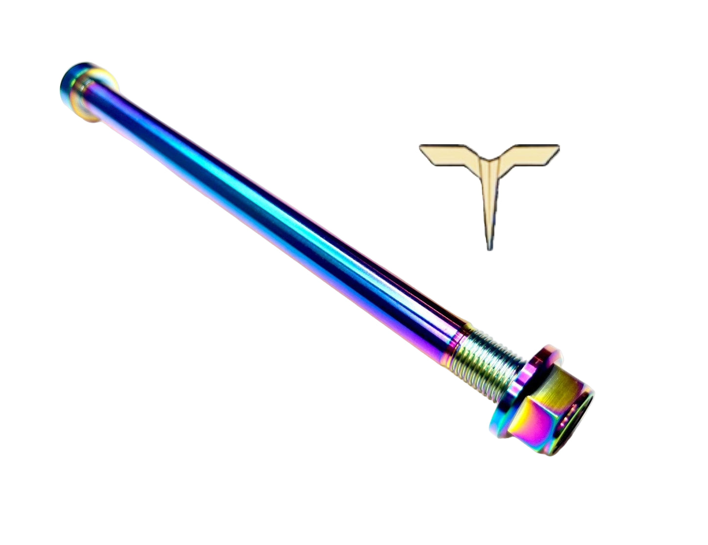 Anodized titanium rear axle for the Talaria Mx3, MX4, and XXX in rainbow (oil slick) color.