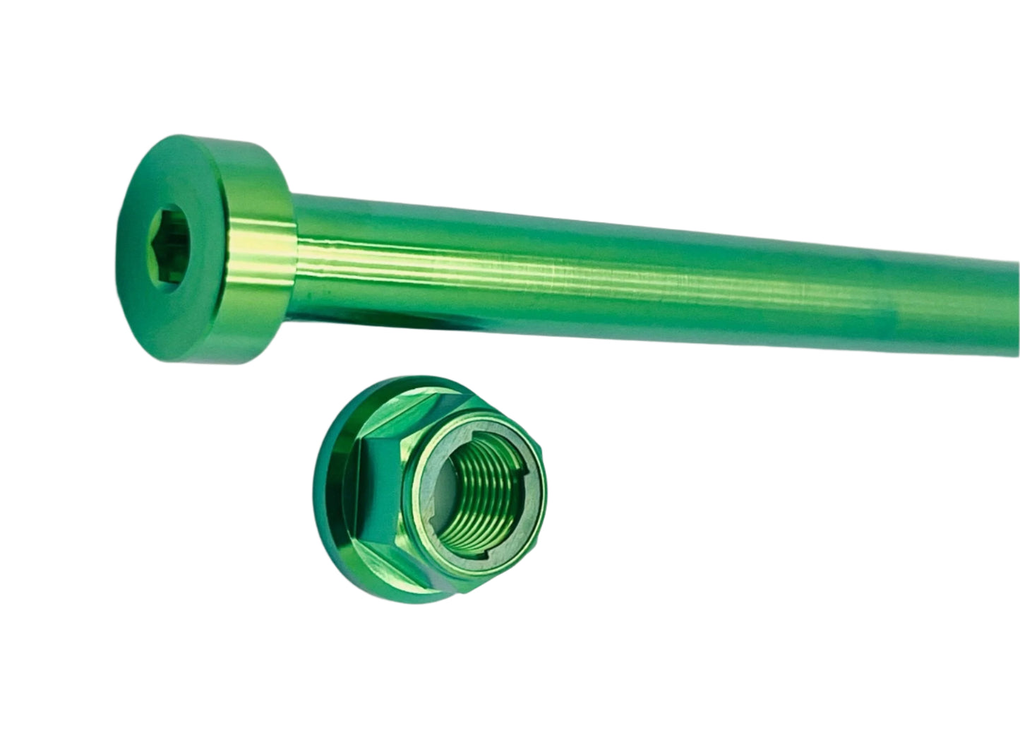 Anodized titanium rear axle for the Talaria Mx3, MX4, and XXX in green color.