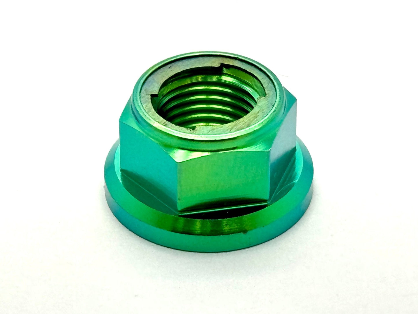 Anodized titanium lock nut (metal tab) M12x1.25 in green. Fits the Surron, Talaria, 79 Bike, Rerode, E-Ride Pro style bikes.
