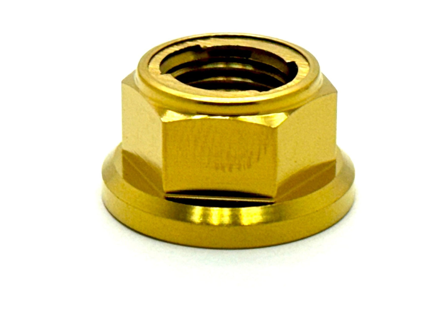 Anodized titanium lock nut (metal tab) M12x1.25 in gold. Fits the Surron, Talaria, 79 Bike, Rerode, E-Ride Pro style bikes.