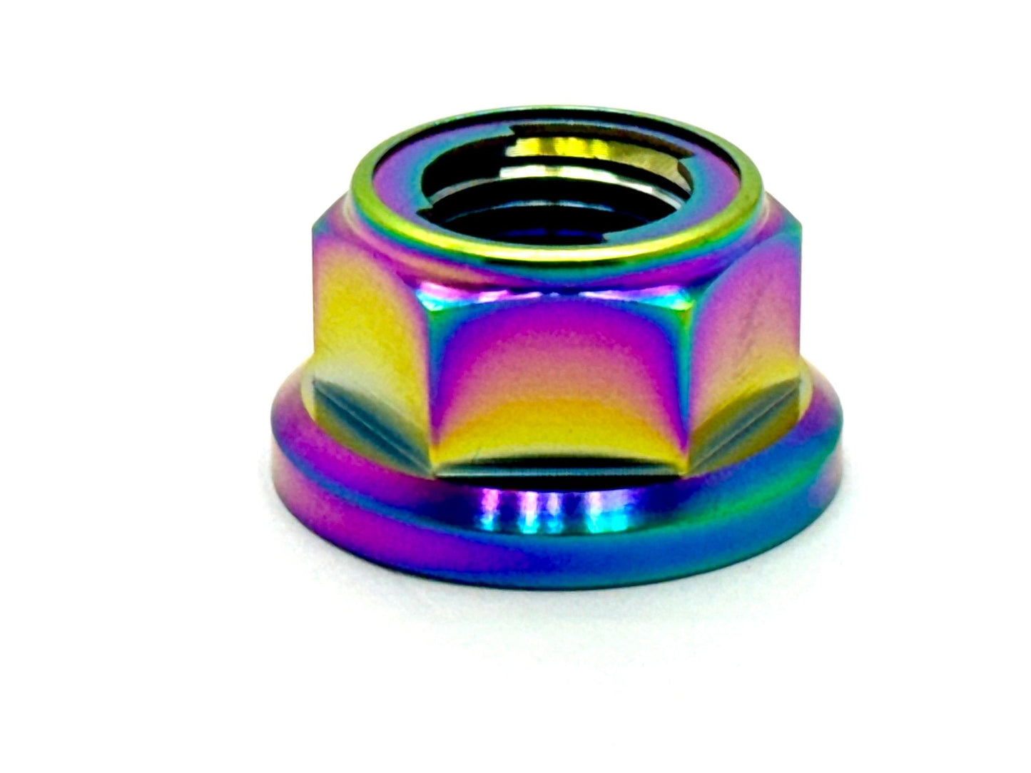 Anodized titanium lock nut (metal tab) M12x1.25 rainbow. Fits the Surron, Talaria, 79 Bike, Rerode, E-Ride Pro style bikes.