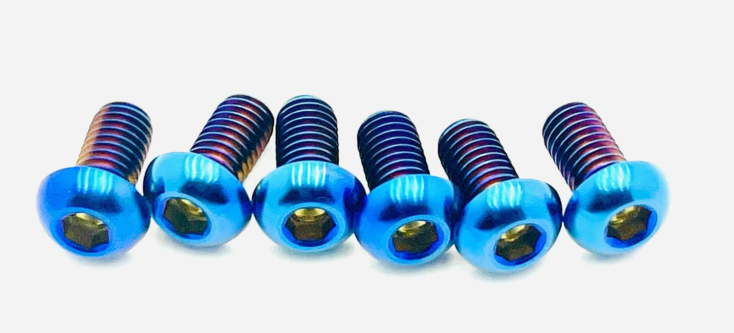 Anodized titanium rear rotor screws (M6x12mm) for the Surron, Talaria, Segway, 79 Bike, Rerode, E-Ride Pro in burnt blue.