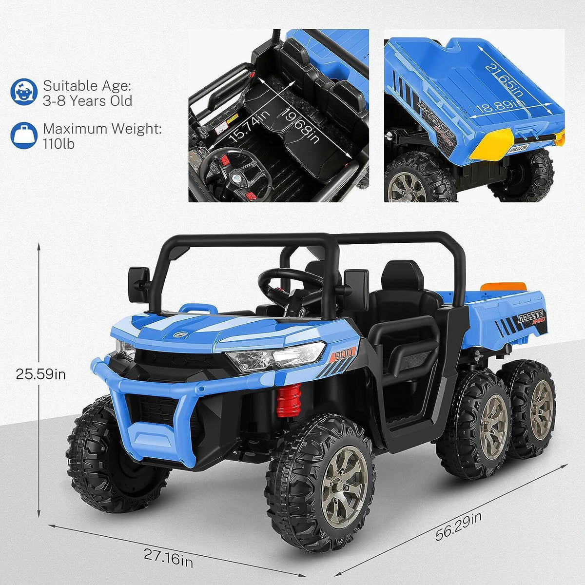 2 Seater 24V Dump Truck Ride On Car with Electric Dump Bed & Shovel - Remote Controlled