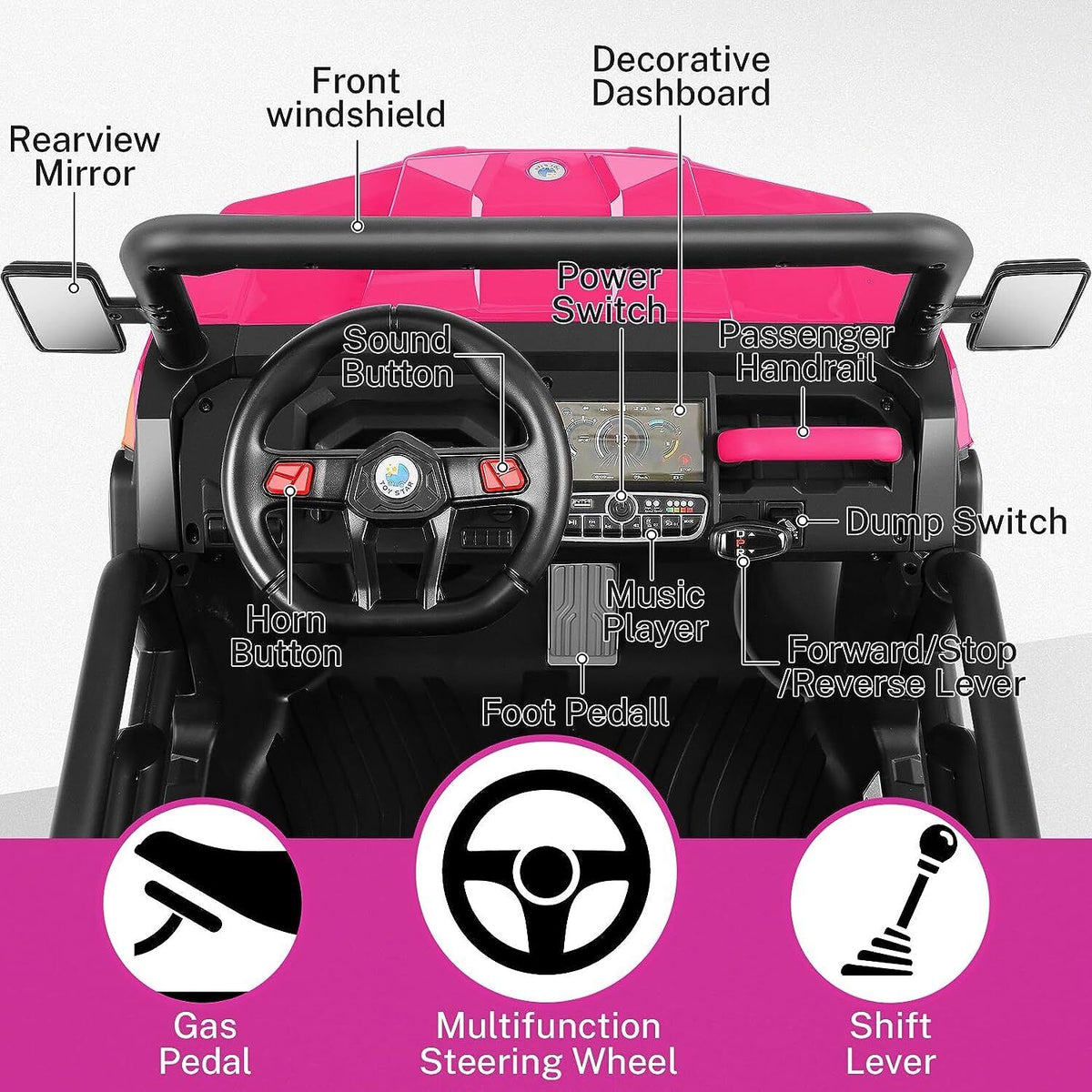 2 Seater 24V Dump Truck Ride On Car with Electric Dump Bed & Shovel - Remote Controlled