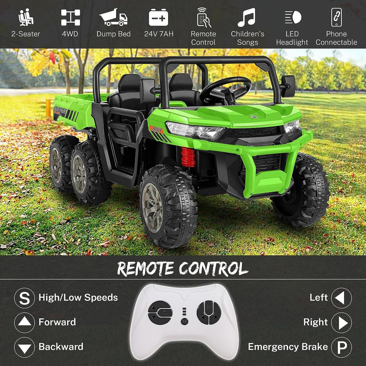 2 Seater 24V Dump Truck Ride On Car with Electric Dump Bed & Shovel - Remote Controlled