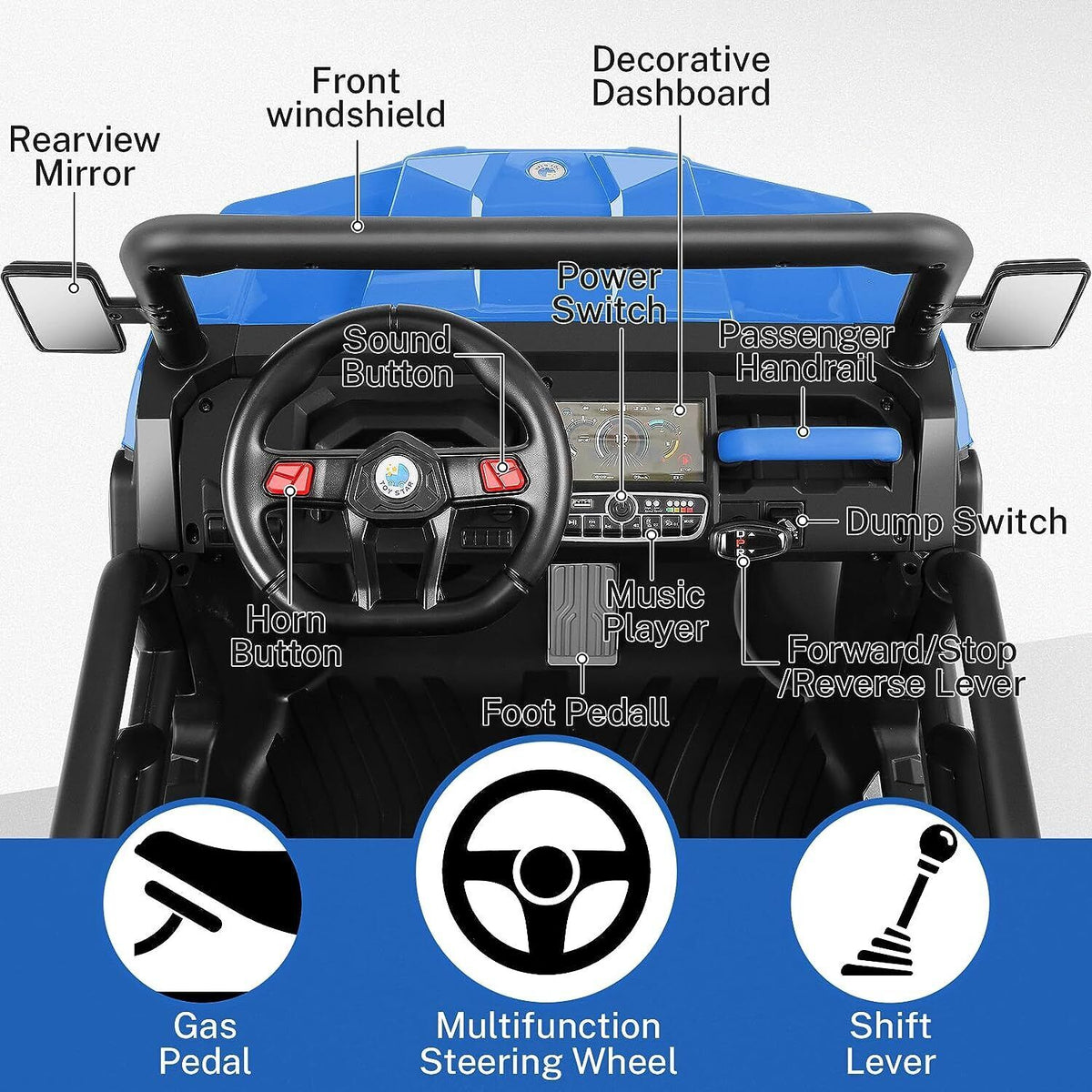 2 Seater 24V Dump Truck Ride On Car with Electric Dump Bed & Shovel - Remote Controlled