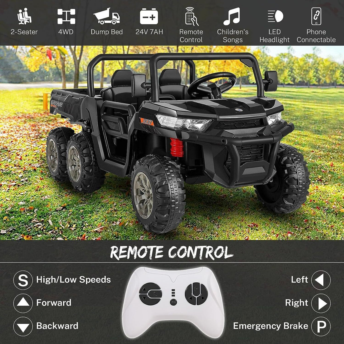 2 Seater 24V Dump Truck Ride On Car with Electric Dump Bed & Shovel - Remote Controlled