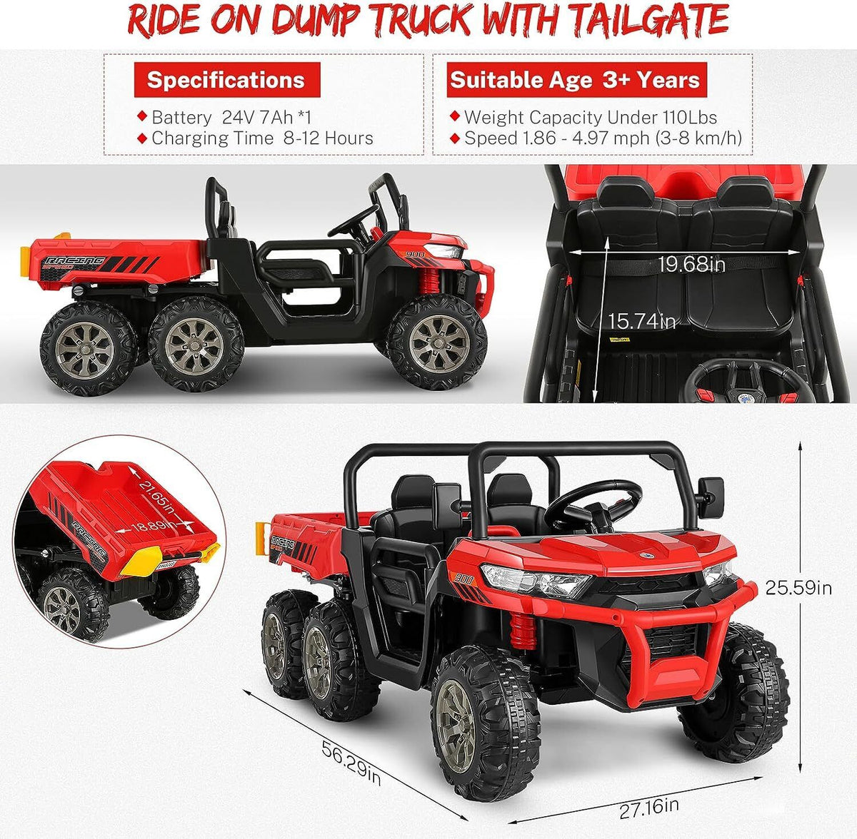 2 Seater 24V Dump Truck Ride On Car with Electric Dump Bed & Shovel - Remote Controlled