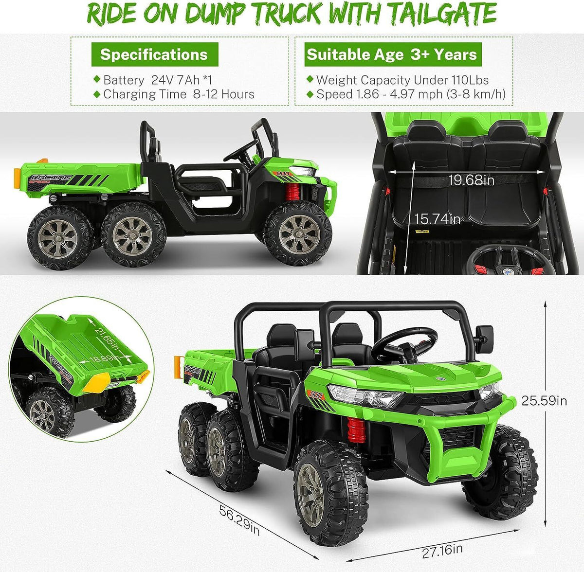 2 Seater 24V Dump Truck Ride On Car with Electric Dump Bed & Shovel - Remote Controlled