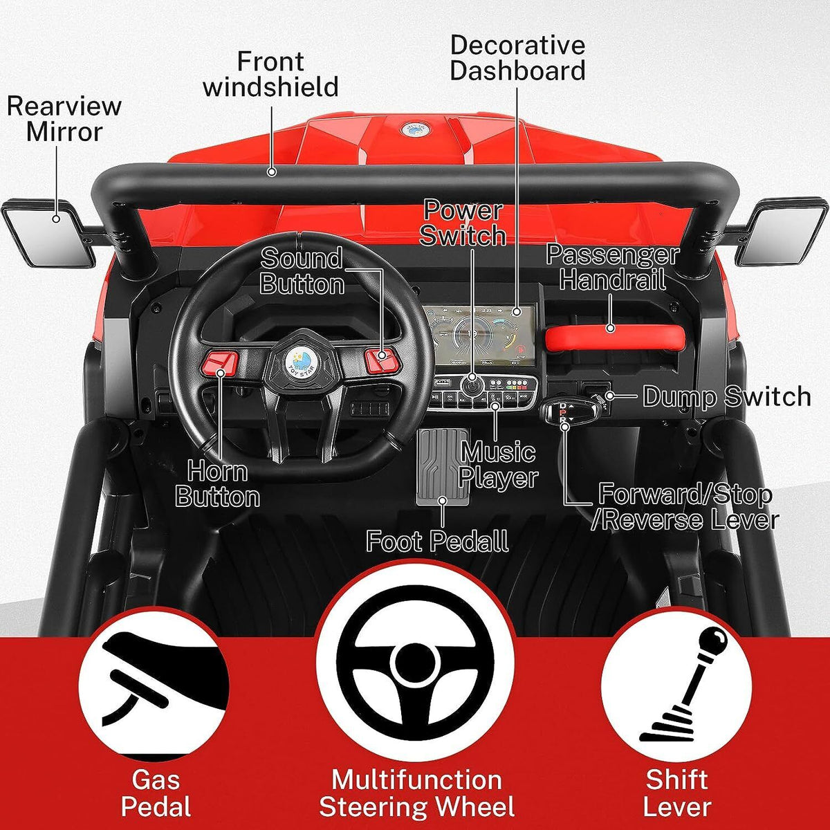 2 Seater 24V Dump Truck Ride On Car with Electric Dump Bed & Shovel - Remote Controlled