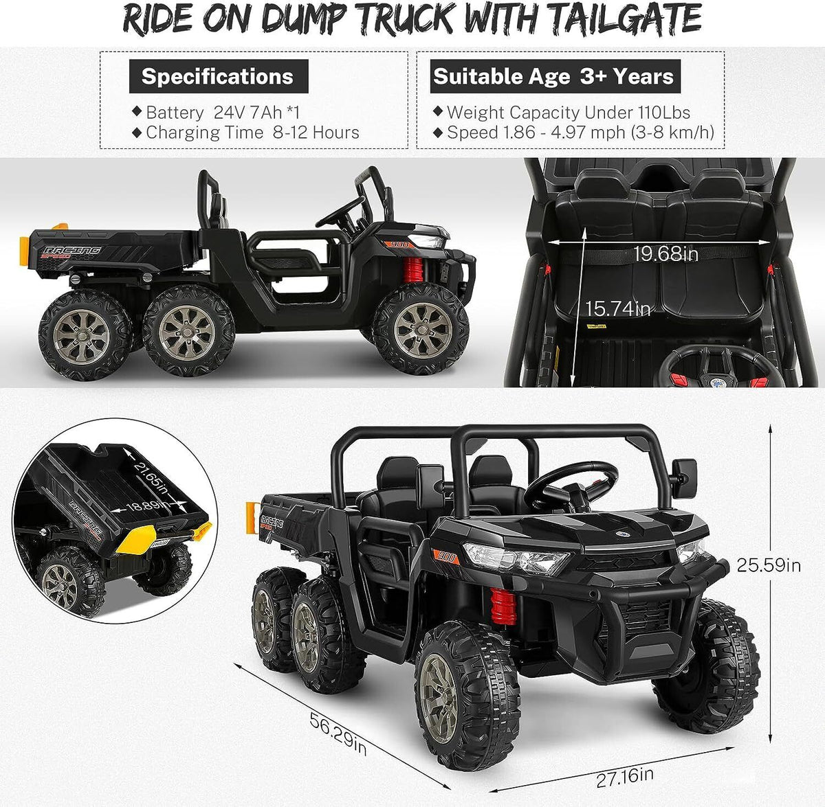 2 Seater 24V Dump Truck Ride On Car with Electric Dump Bed & Shovel - Remote Controlled