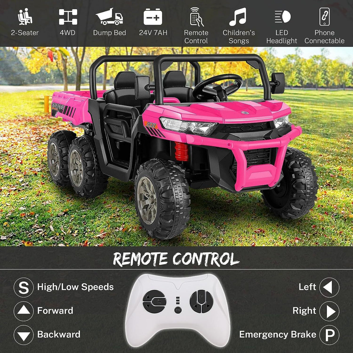 2 Seater 24V Dump Truck Ride On Car with Electric Dump Bed & Shovel - Remote Controlled