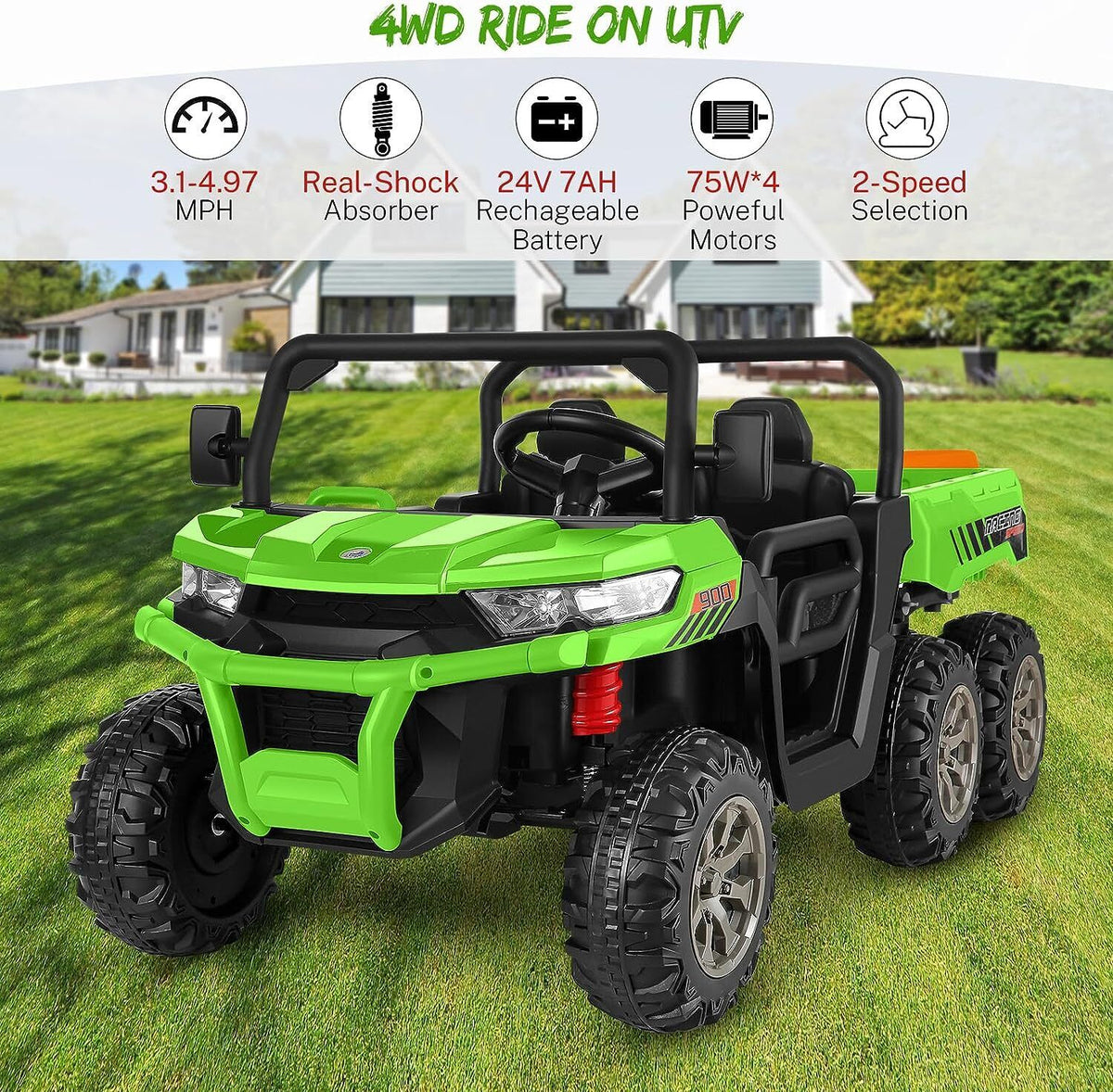 2 Seater 24V Dump Truck Ride On Car with Electric Dump Bed & Shovel - Remote Controlled