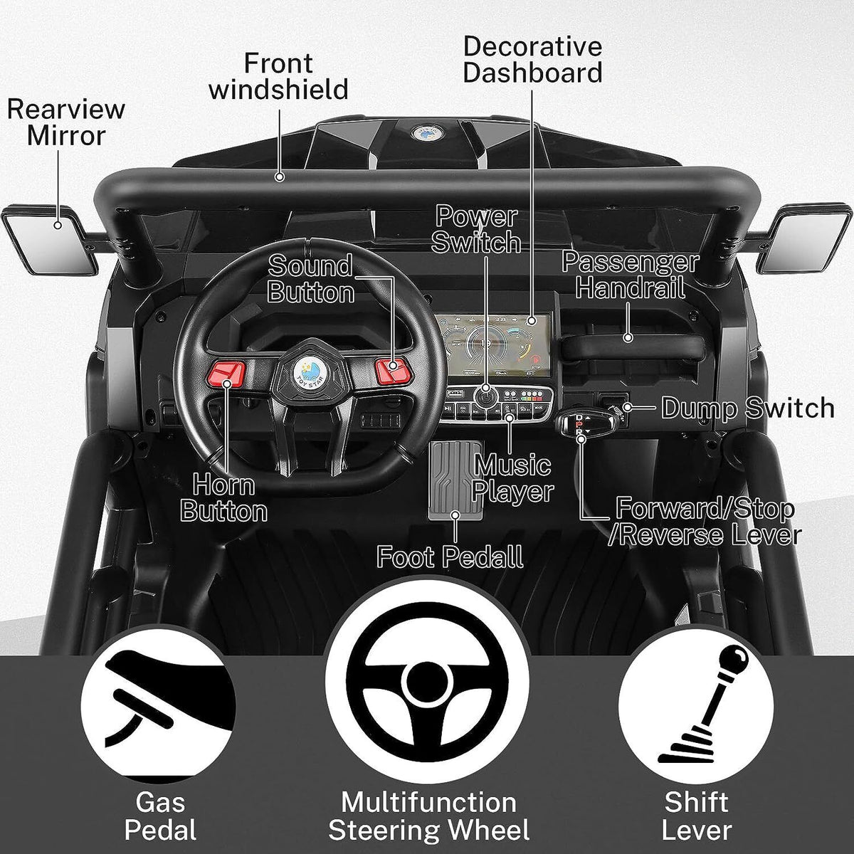 2 Seater 24V Dump Truck Ride On Car with Electric Dump Bed & Shovel - Remote Controlled