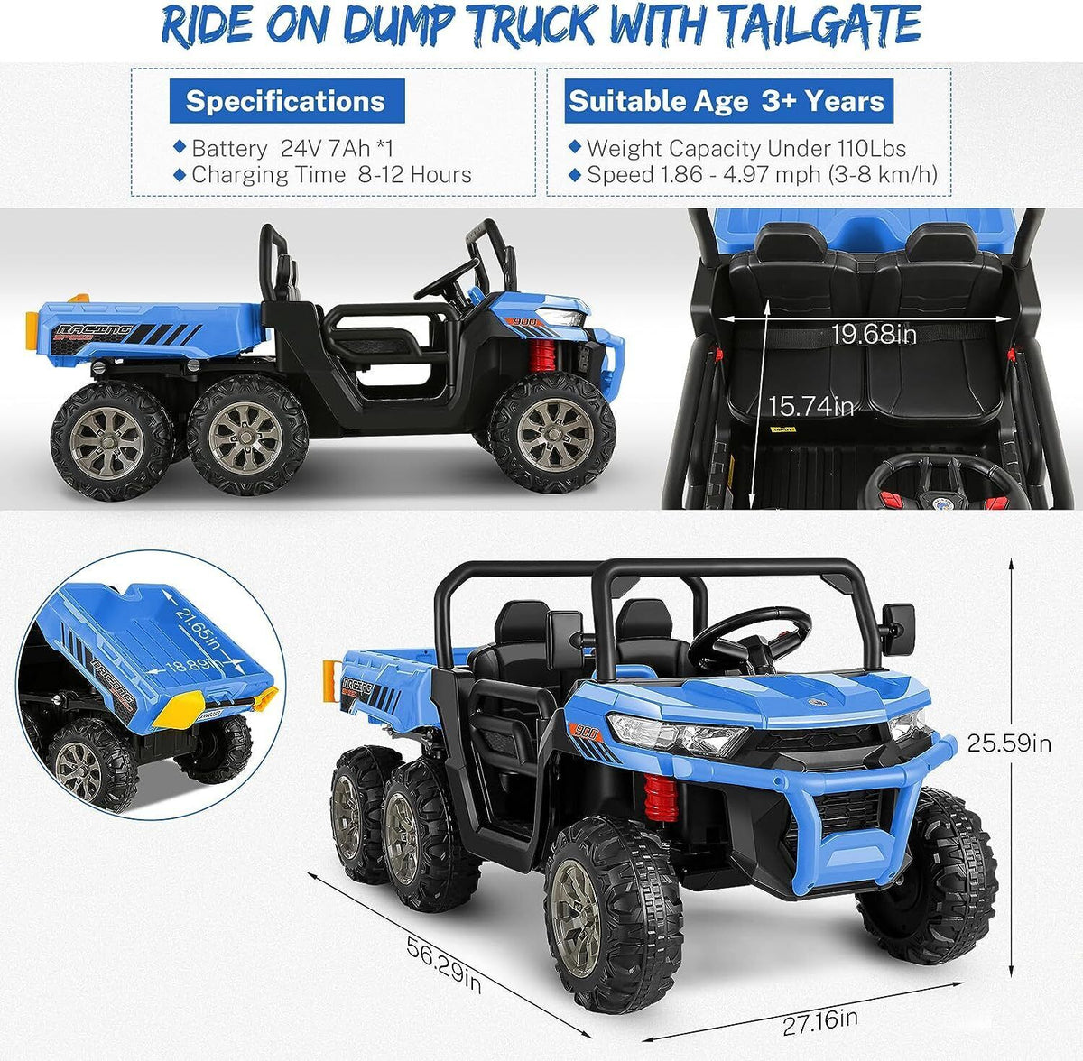 2 Seater 24V Dump Truck Ride On Car with Electric Dump Bed & Shovel - Remote Controlled
