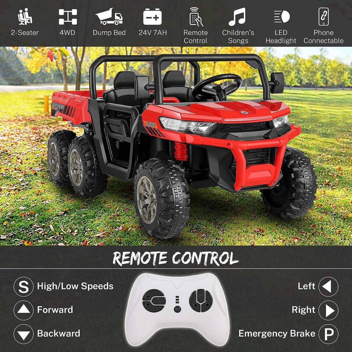 2 Seater 24V Dump Truck Ride On Car with Electric Dump Bed & Shovel - Remote Controlled