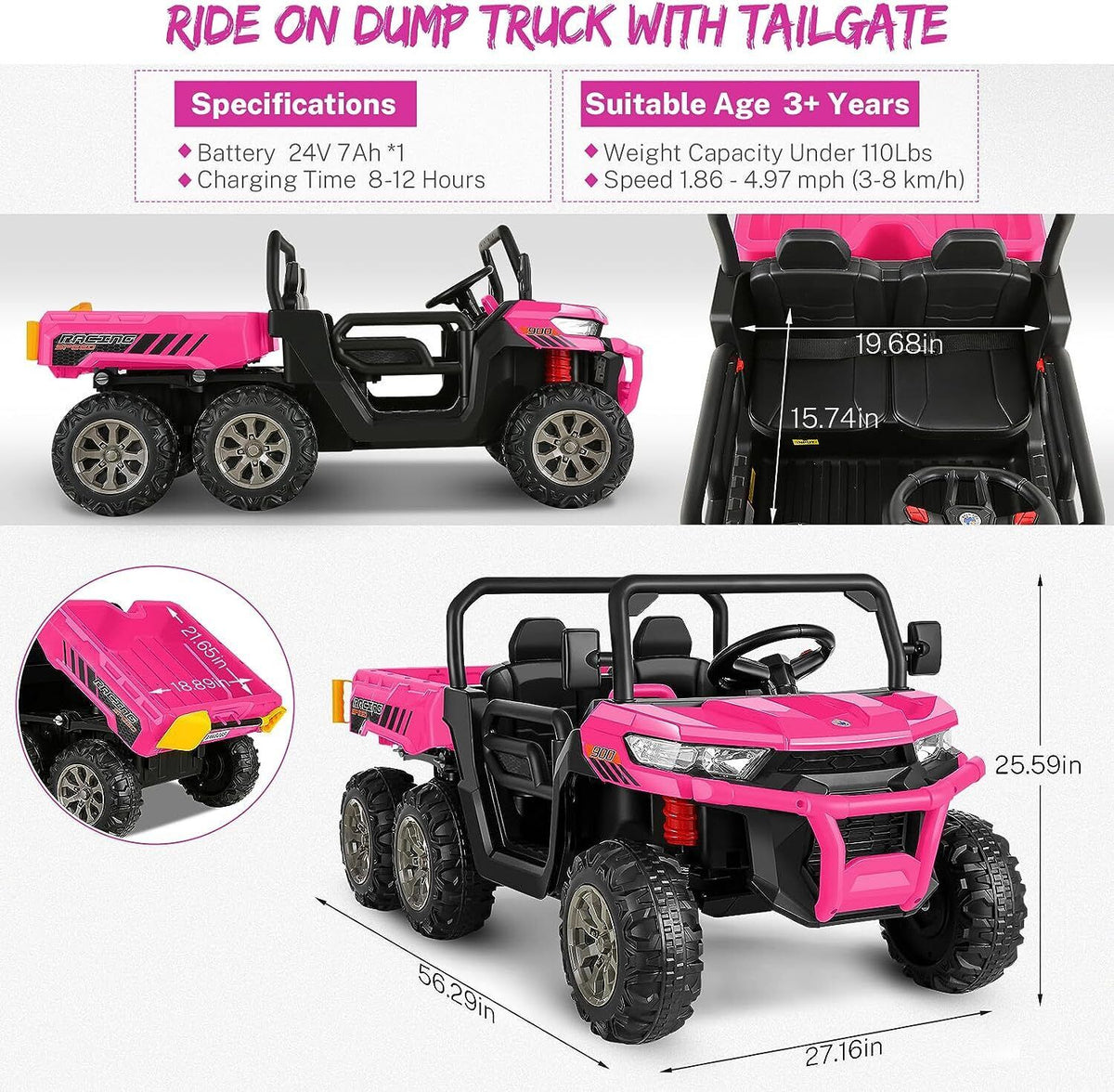 2 Seater 24V Dump Truck Ride On Car with Electric Dump Bed & Shovel - Remote Controlled