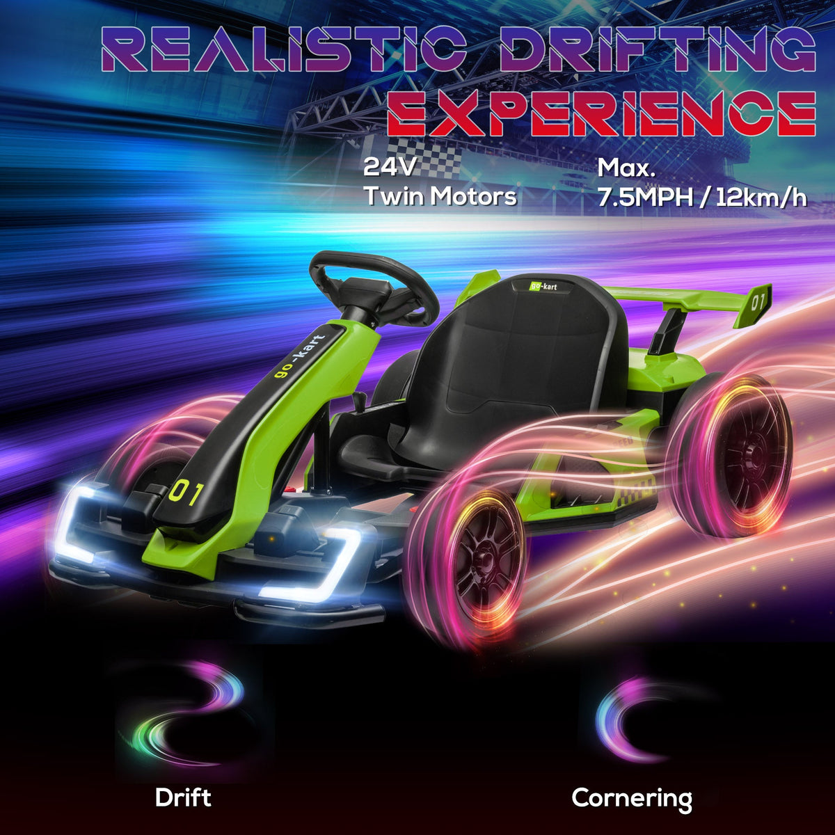 Adjustable Seat Electric Go Kart with Slow Start - 24V, 7.5 MPH