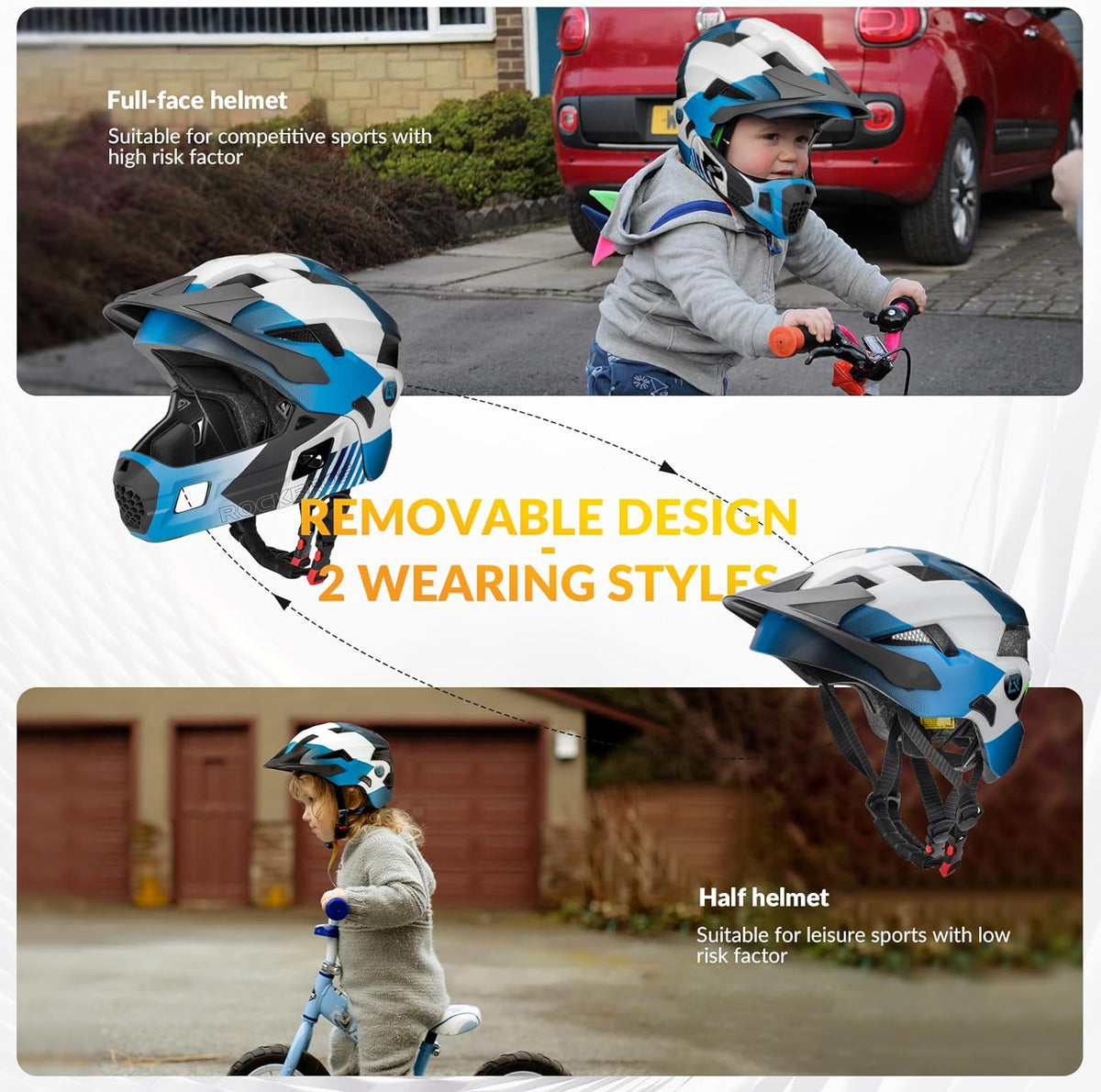 ROCKBROS Kids Full Face Bike Helmet Ages 5-14 Anti-Collision Detachable Chin