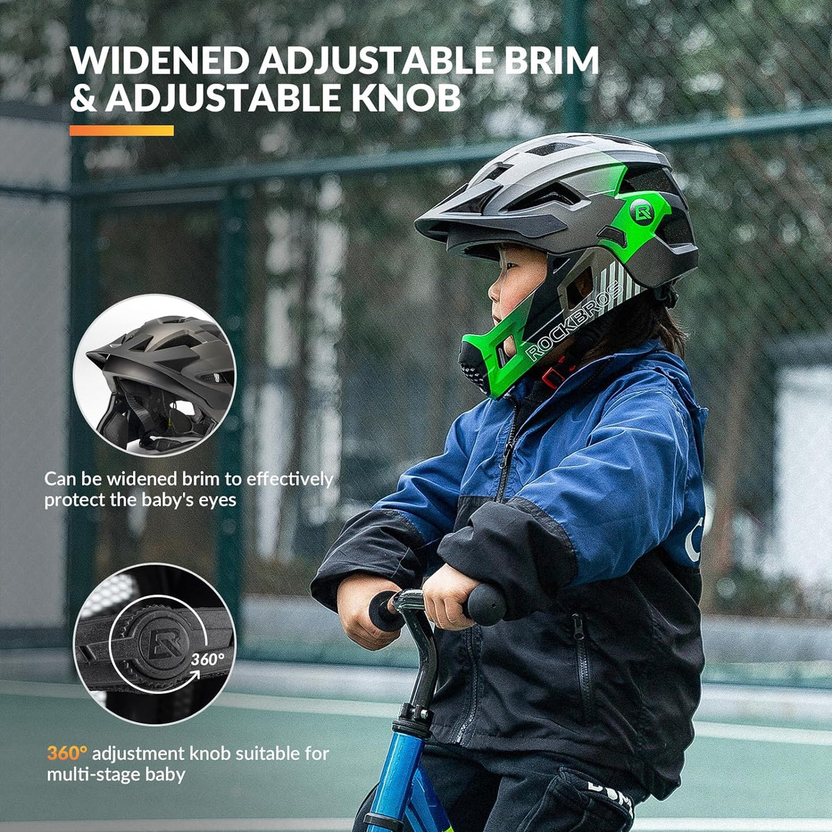 ROCKBROS Kids Full Face Bike Helmet Ages 5-14 Anti-Collision Detachable Chin