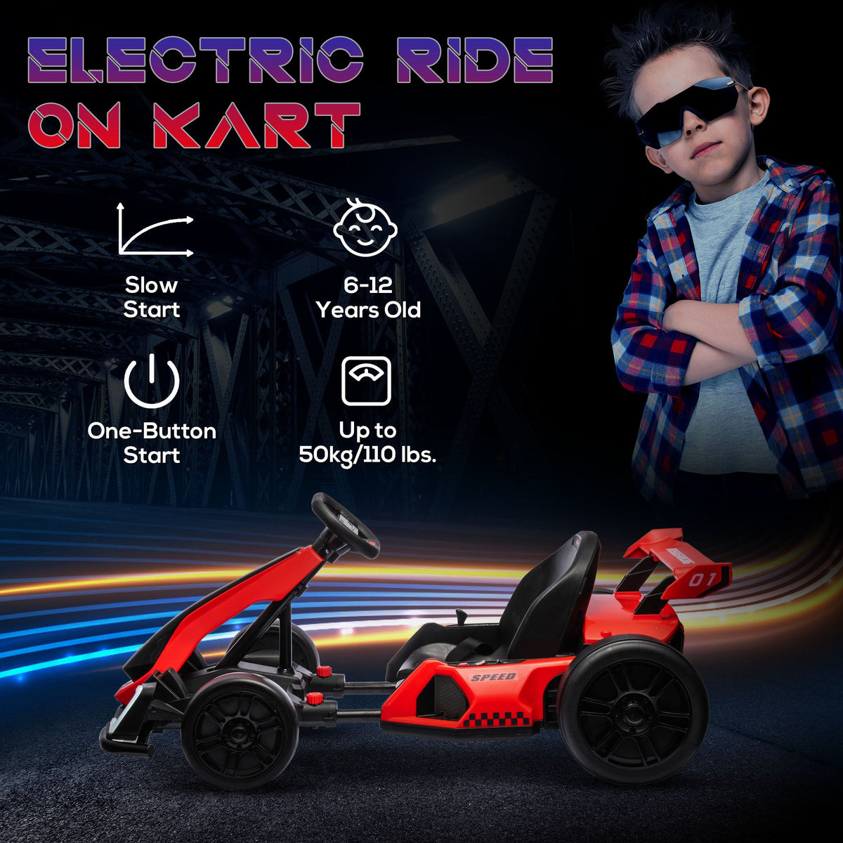 Adjustable Seat Electric Go Kart with Slow Start - 24V, 7.5 MPH