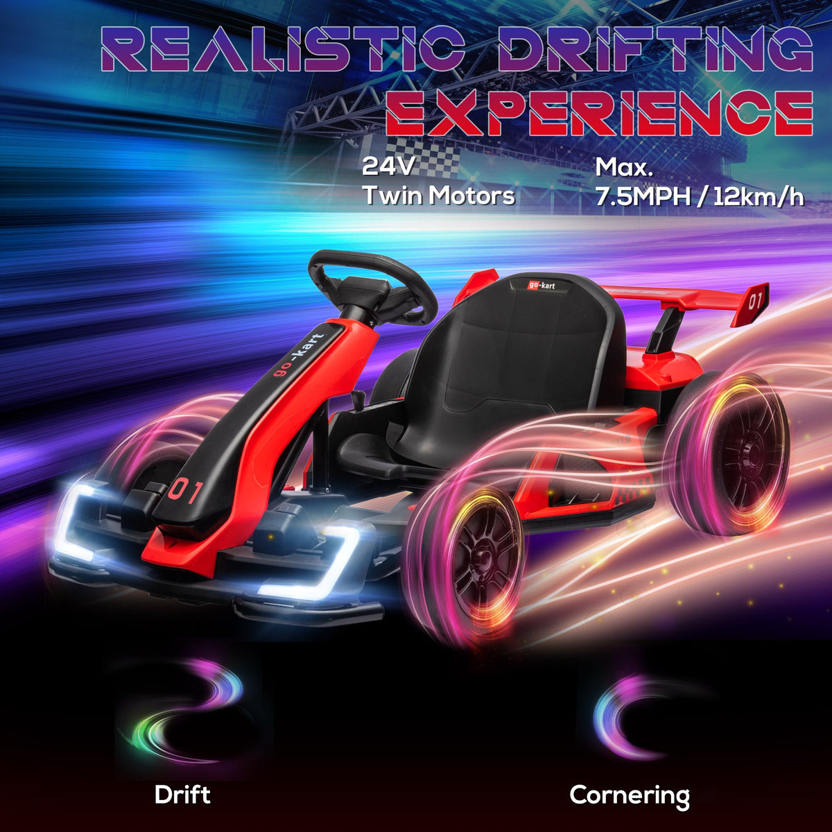 Adjustable Seat Electric Go Kart with Slow Start - 24V, 7.5 MPH