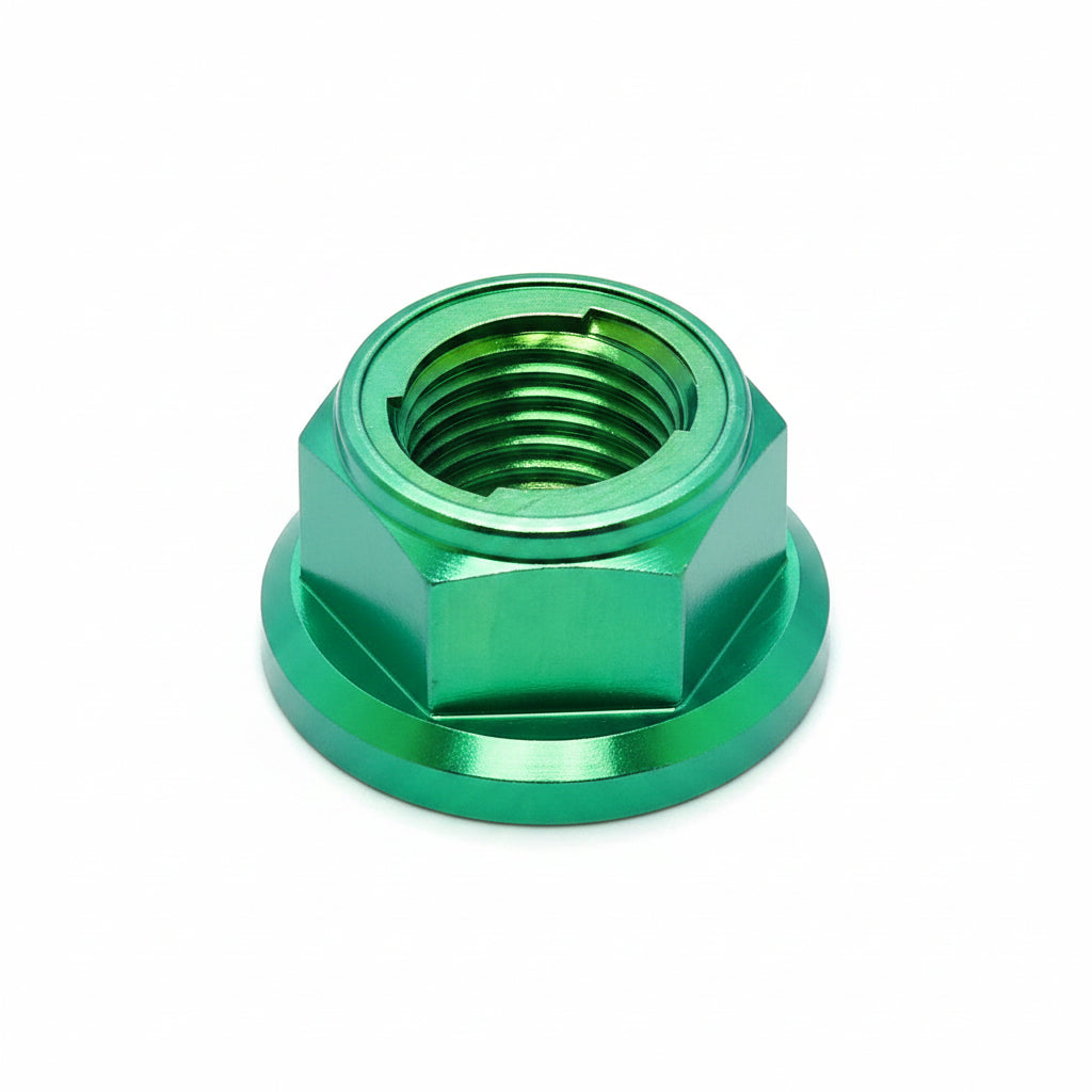 M12x1.25mm Titanium Grade 5 6AL-4V DIN 6923 Fuji locking flange nut. 23mm flange.