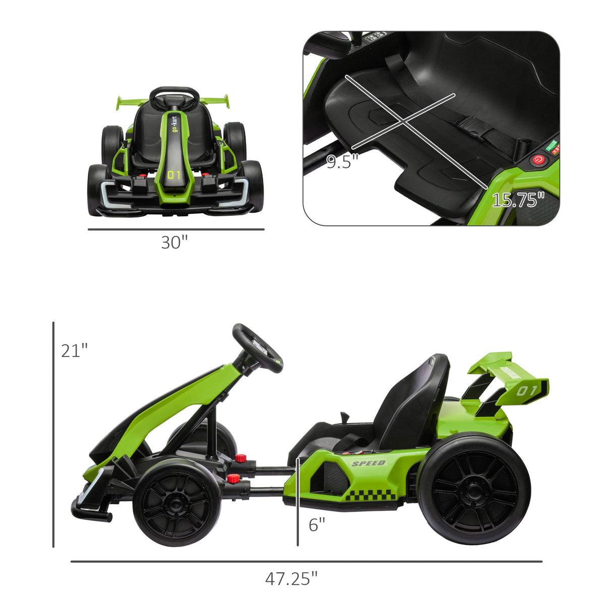 Adjustable Seat Electric Go Kart with Slow Start - 24V, 7.5 MPH