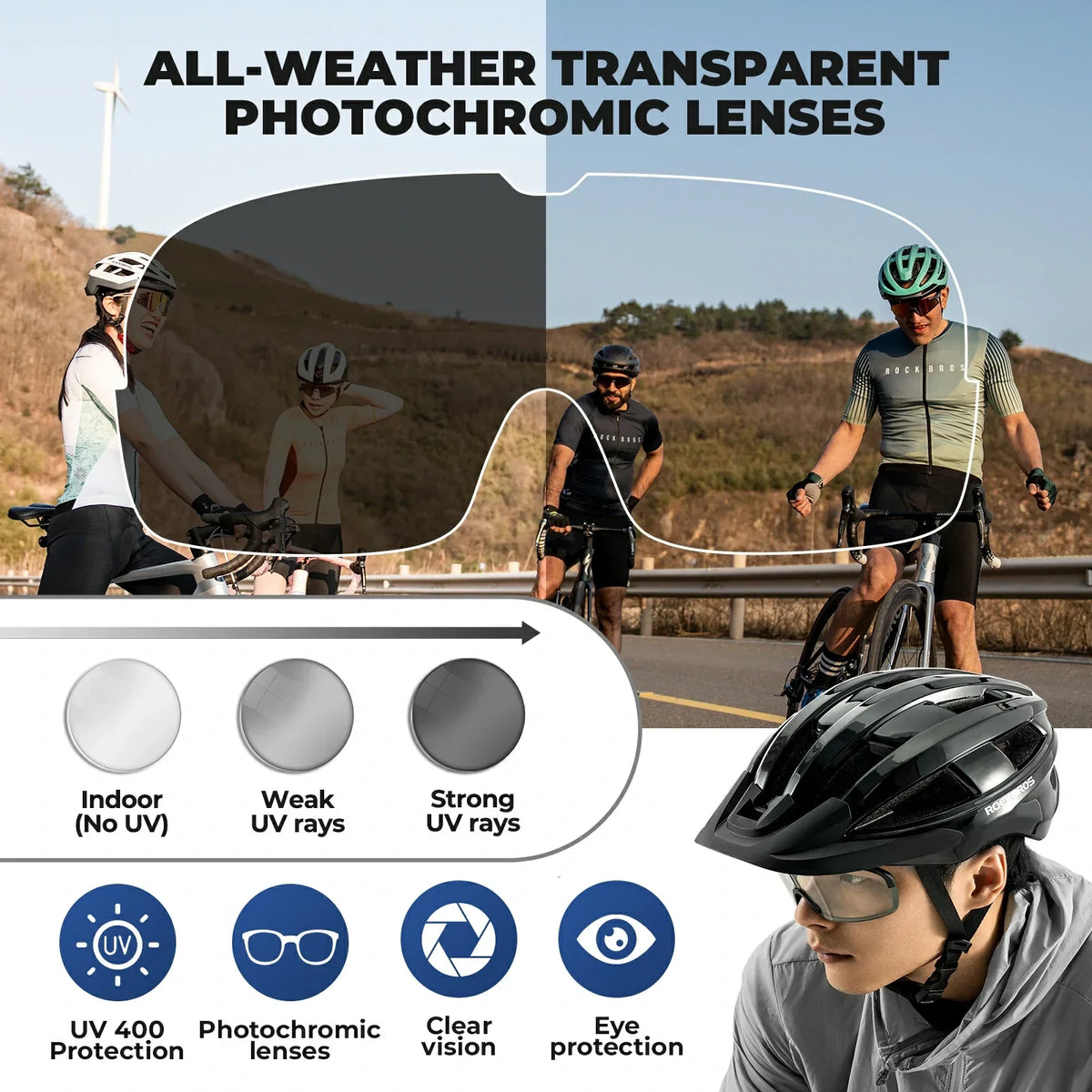 Bike Helmet with Photochromic Visor USB Rechargeable Tail Light