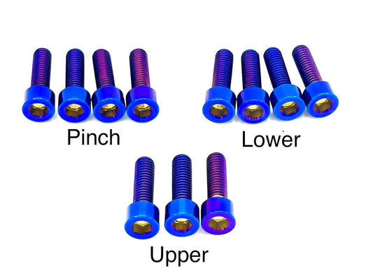 Custom anodized titanium burnt blue bolts for Fox 40 and Bomber 58 forks. M5x18mm and M5x15mm.