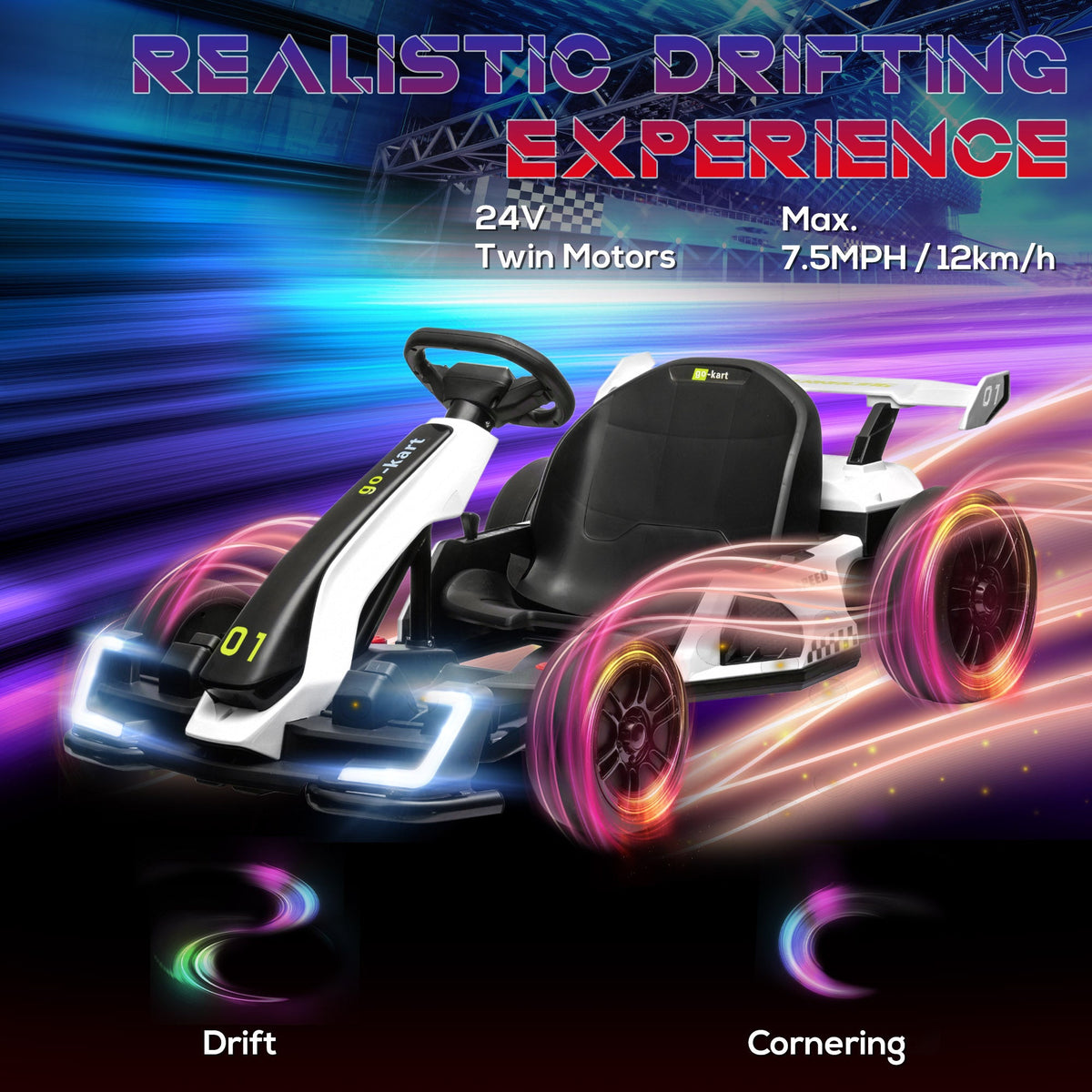 Adjustable Seat Electric Go Kart with Slow Start - 24V, 7.5 MPH