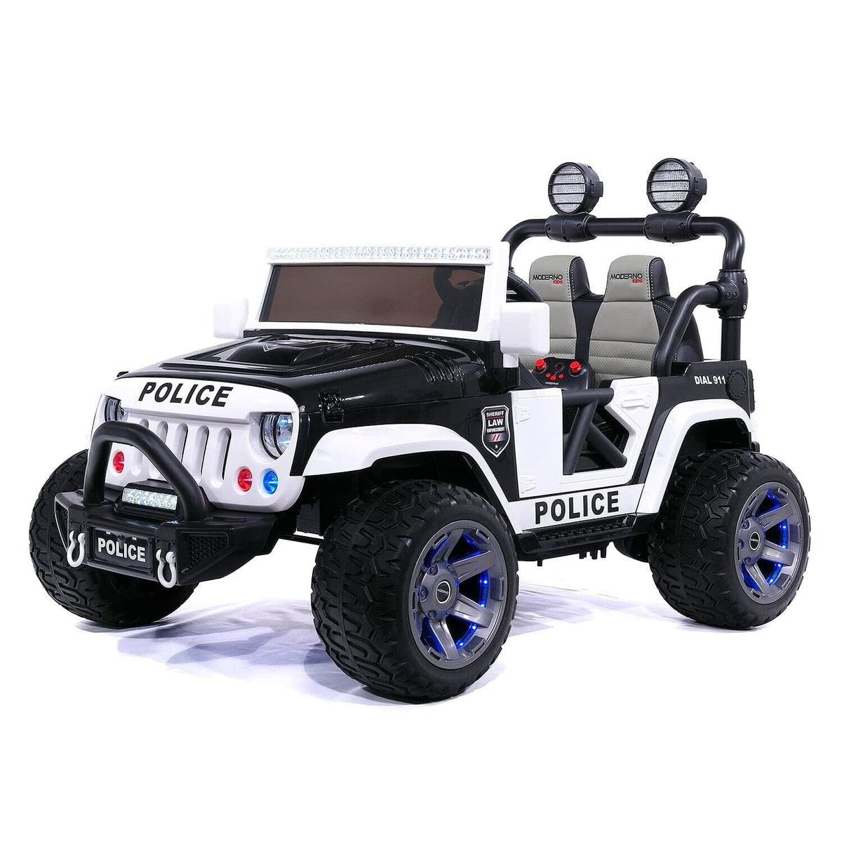 24V Dual Seater Children's Electric Police Vehicle, Off-Road Truck Jeep, 2 High-Powered Engines, Pneumatic Wheels, Remote Control Operation