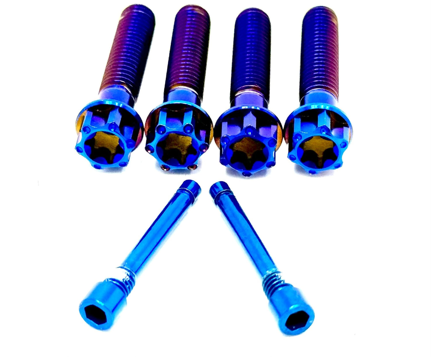 Set of 4 anodized titanium spline-head M6x30mm brake caliper bolts for Surron, Talaria, Segway style bikes in burnt blue.