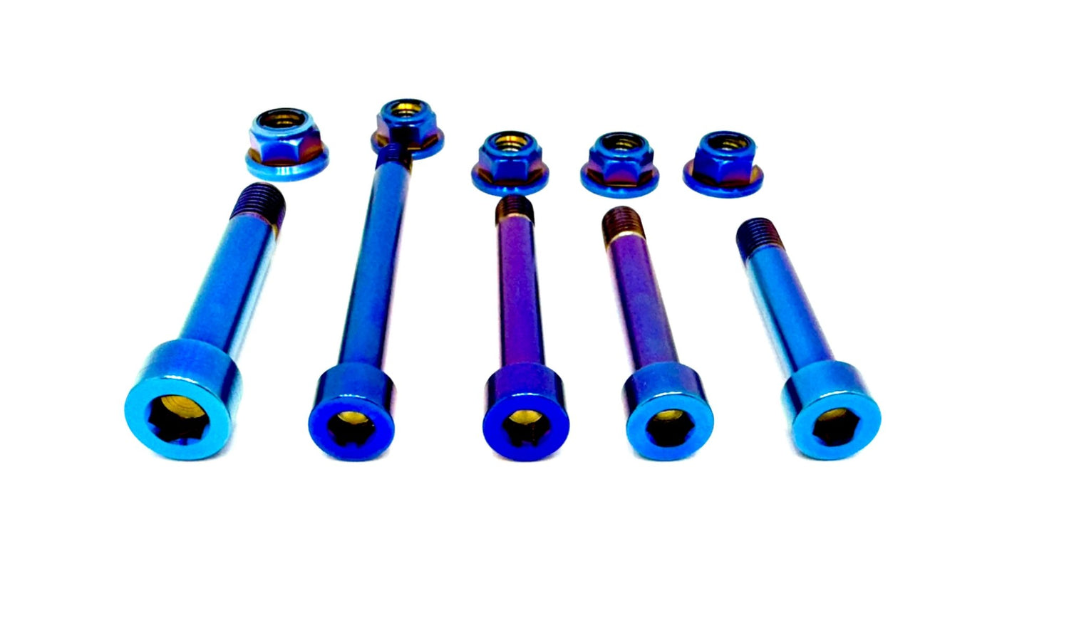 10 piece custom rear shock and suspension titanium hardware linkage kit in burnt blue.