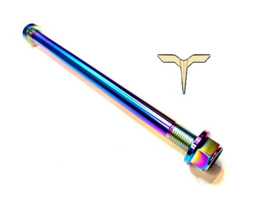 Anodized titanium rear axle for the Talaria Mx3, MX4, and XXX in rainbow (oil slick) color.