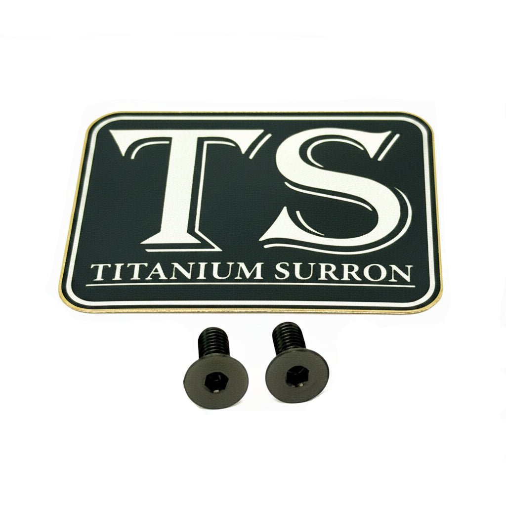 Titanium Ultra Bee brake reservoir cap bolts, black, pair of 2 (1 brake) with Titanium Surron logo