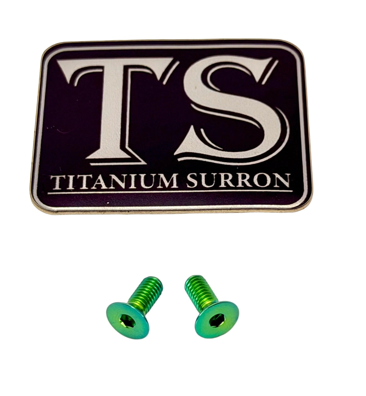 Titanium Ultra Bee brake reservoir cap bolts, green, pair of 2 (1 brake) with Titanium Surron logo