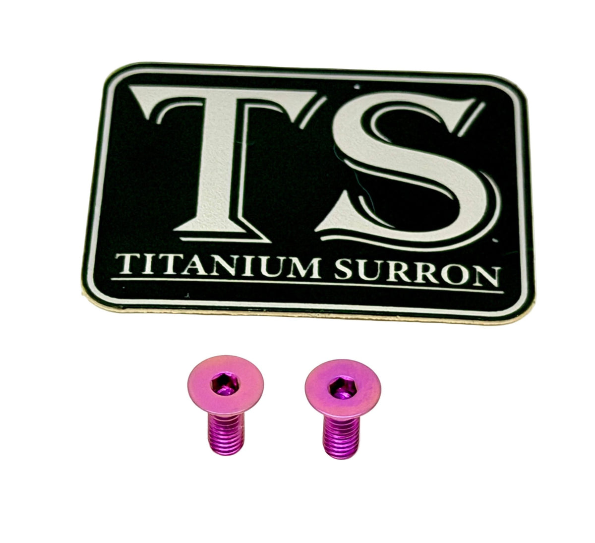 Titanium Ultra Bee brake reservoir cap bolts, purple, pair of 2 (1 brake) with Titanium Surron logo