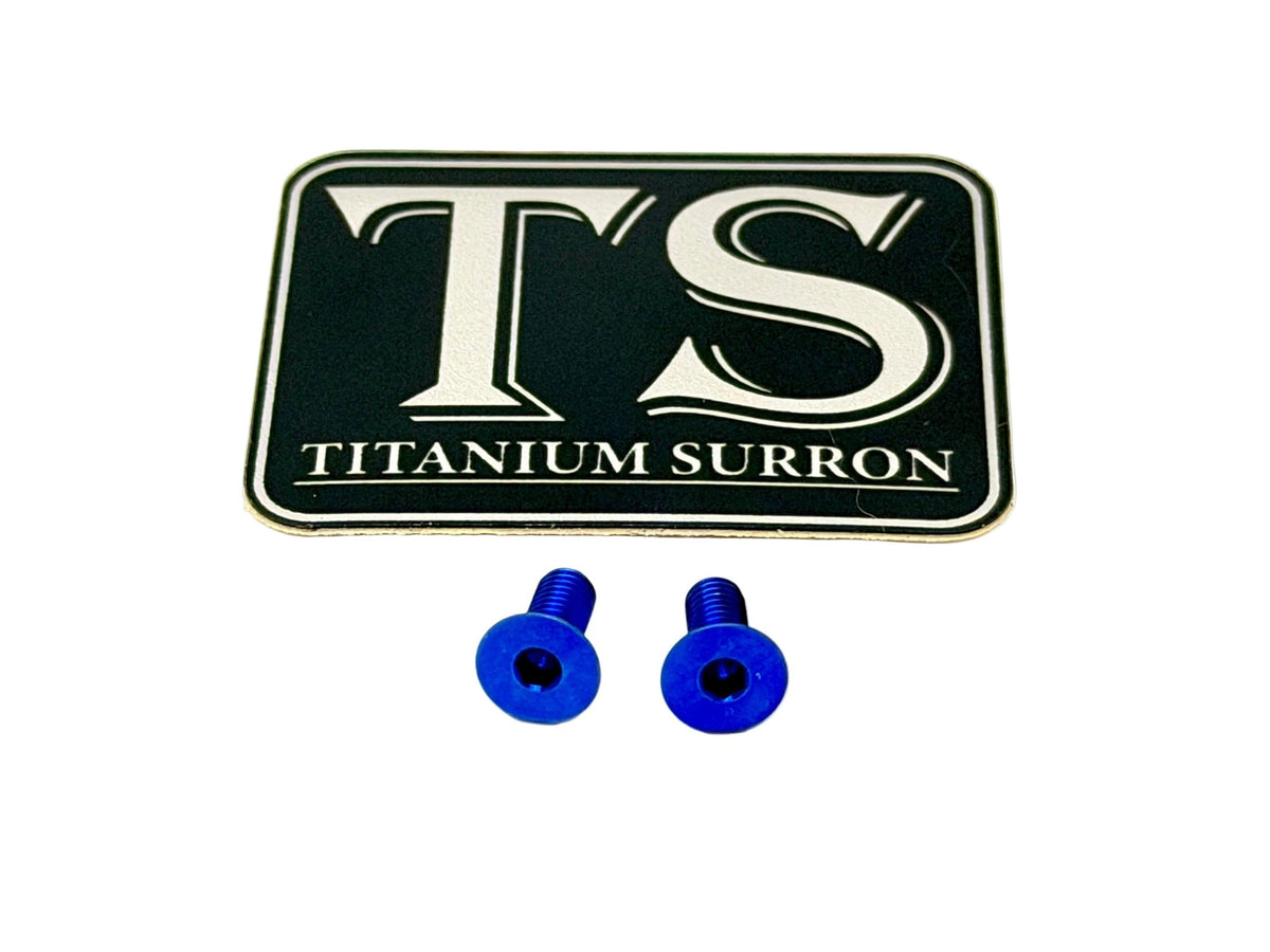 Titanium Ultra Bee brake reservoir cap bolts, blue, pair of 2 (1 brake) with Titanium Surron logo