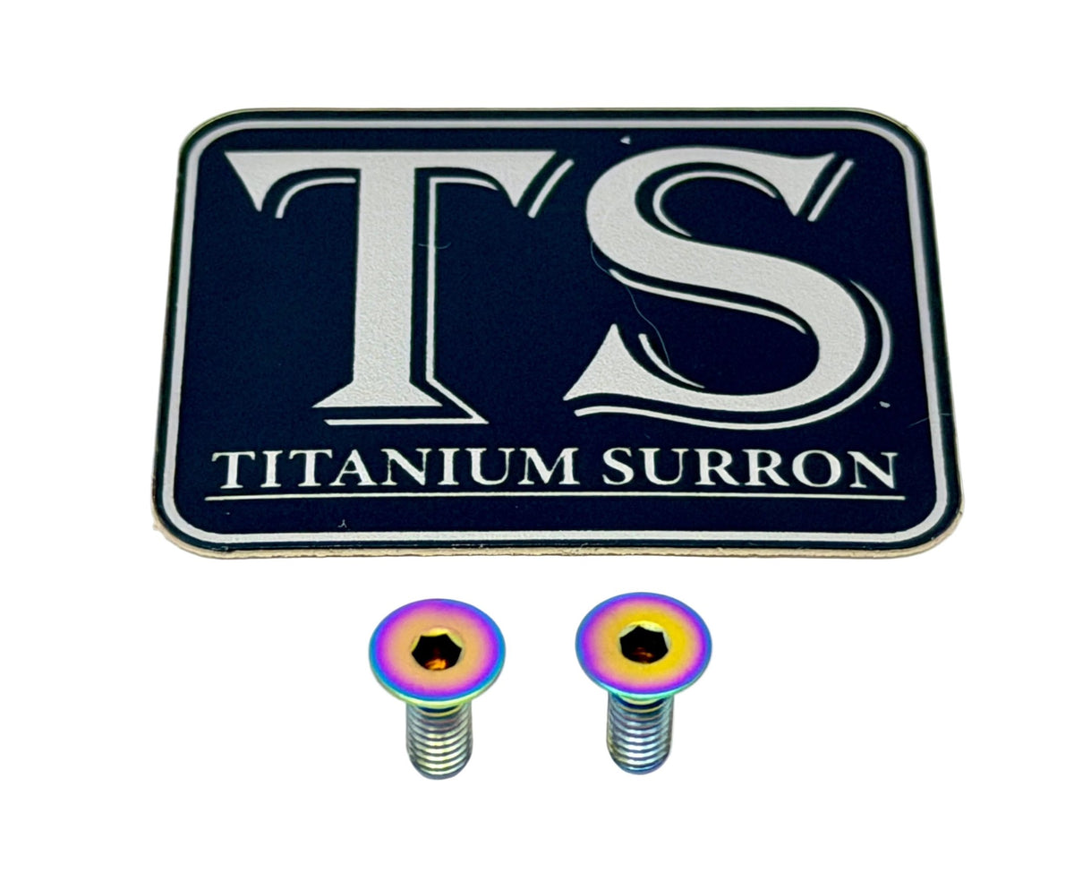 Titanium Ultra Bee brake reservoir cap bolts, rainbow, pair of 2 (1 brake) with Titanium Surron logo